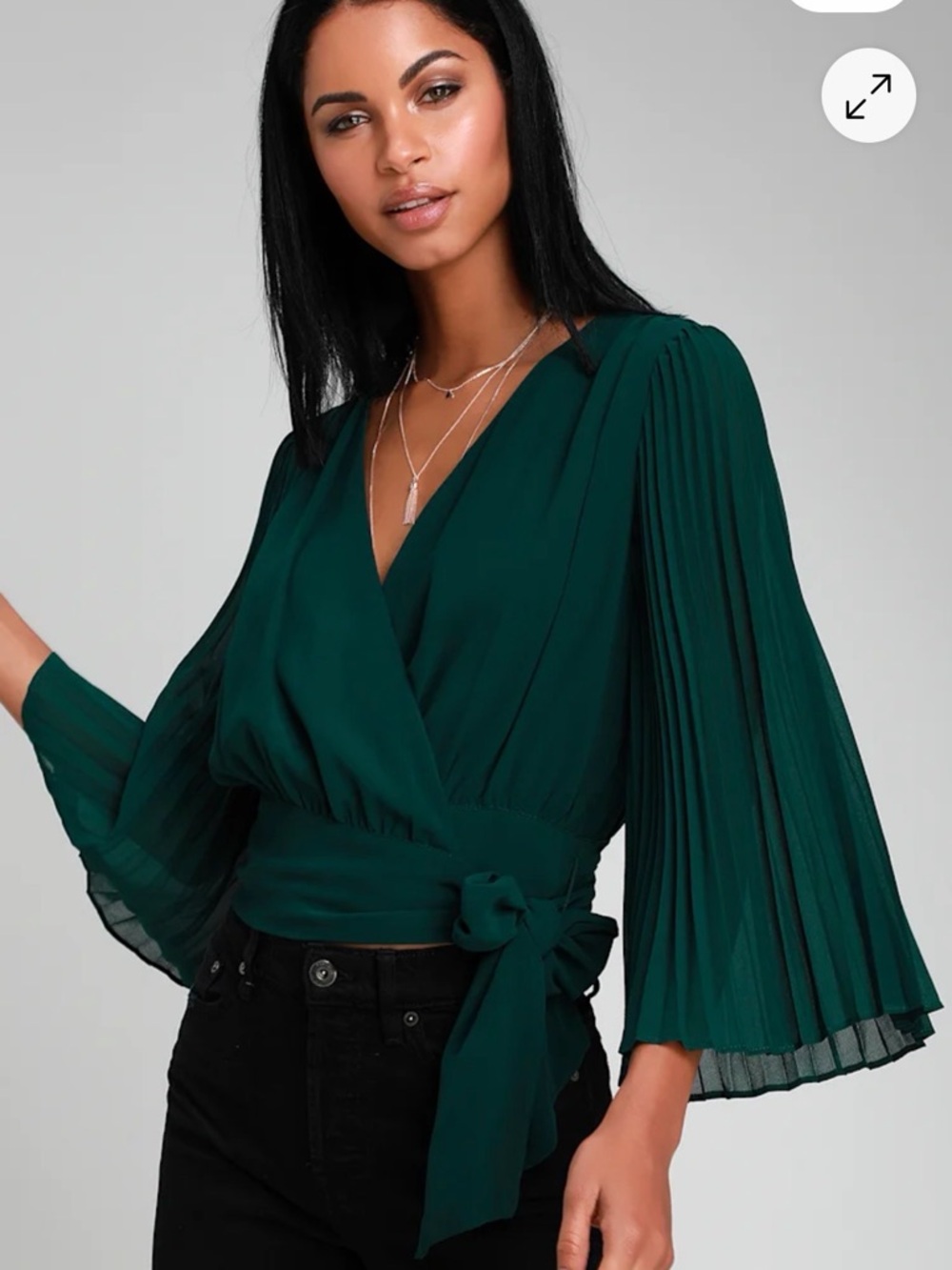 Elegant Pleated Wrap Blouse in forest green